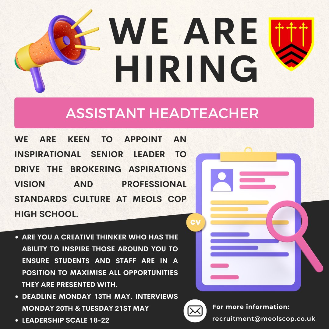 We are recruiting for an Assistant Headteacher to join MCHS. Click the link to find out more information #BrokeringAspirations shorturl.at/hlxW0