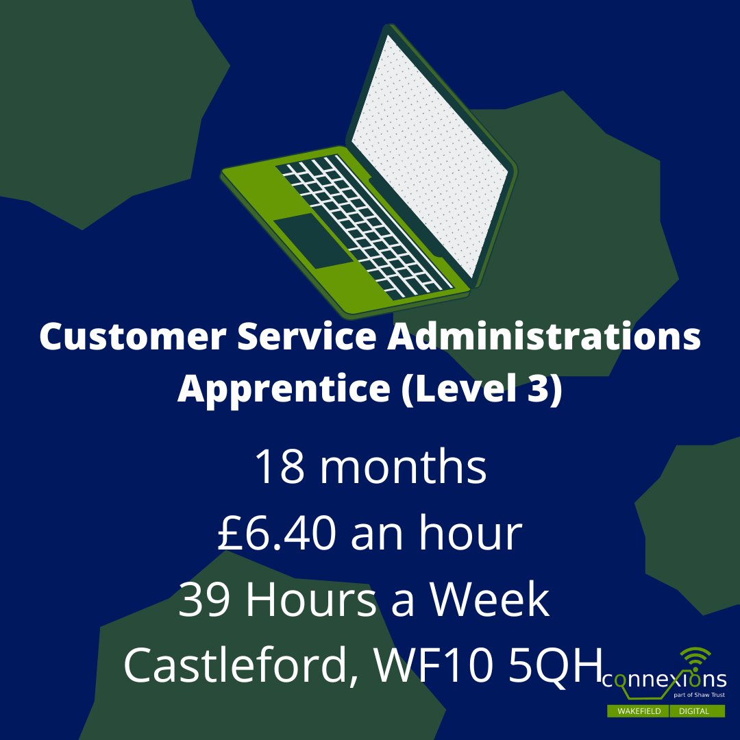 Level 3 Customer service administrations apprenticeship based in Castleford. 4 days in the office and one day from home. To apply and more info: connexionswakefield.co.uk/Vacancies #WakefieldYoungPeople #WakefieldApprenticeships #castlefordapprenticeships