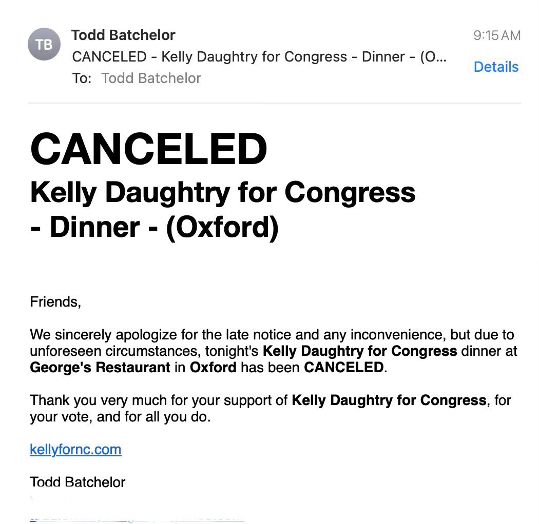 Things aren’t looking good for Kelly Daughtry in NC13. 

Canceling events is a sign of losing.  
#ncpol #nc13 

VOTE BRAD KNOTT FOR CONGRESS!