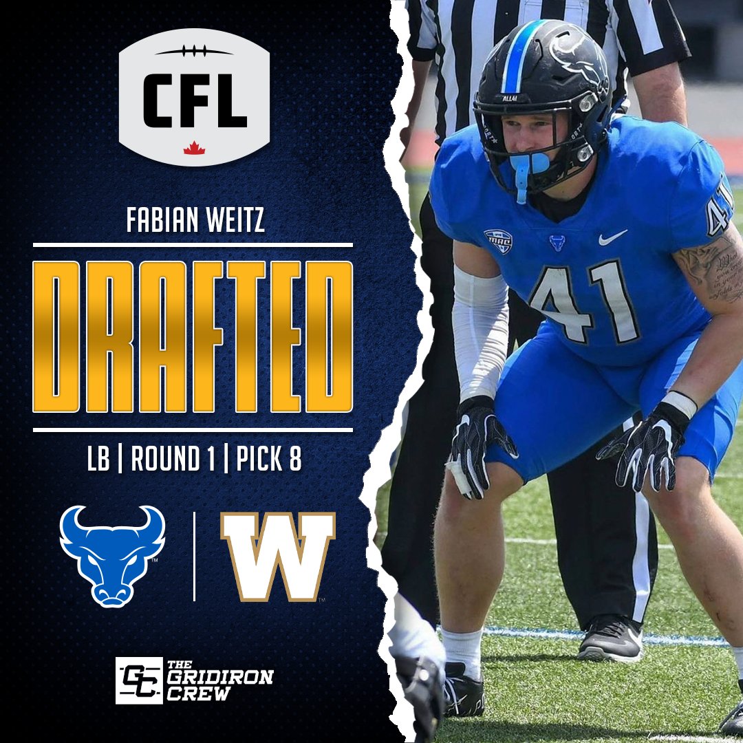 Congratulations to #TGCathlete LB Fabian Weitz on being the #8 overall selection in the 2024 CFL Global Draft by the @Wpg_BlueBombers. The 6’2 230lb former Buffalo Bull will be a great addition for Winnipeg. @Fabian_Weitz #thegridironcrew #CFL #cfldraft #winnipegbluebombers