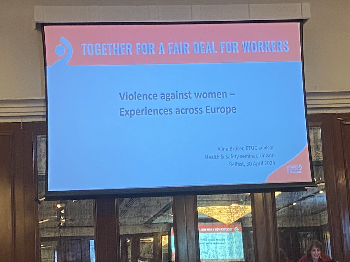 To final presentation of the seminar #uHS24 is from Aline Bruser from @etuc_ces onViolence Against Women Experiences across Europe why gender based violence is a trade union issue in work place as well as home & in society @UNISON_HS @NorthernUNISON @unisontheunion