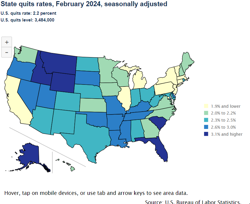 Quits rates were above 3.0 percent in 6 states in February 2024 bls.gov/opub/ted/2024/…