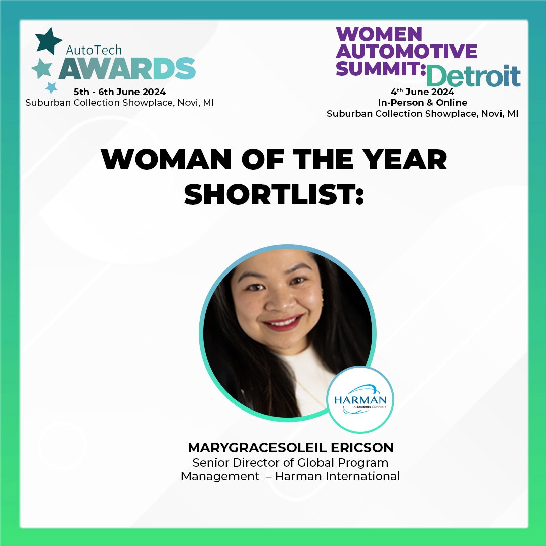 Congrats to #HARMAN’s Marygracesoleil Ericson, one of the candidates for the #WomenAutomotiveNetwork Woman of the Year award! Her passion for elevating product quality and dedication to empowering the next generation of female leaders inspires us all. #AutoTechAwards #WASDetroit