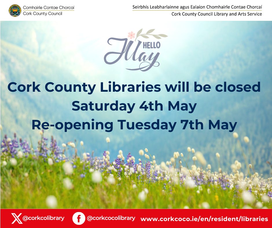 🌷All Cork County Libraries will be closed Saturday 4th of May. 🌺Re-opening Tuesday 7th May. 📱Online resources remain available: corkcoco.ie/en/resident/li… 🛸May the 4th be with you. 👽