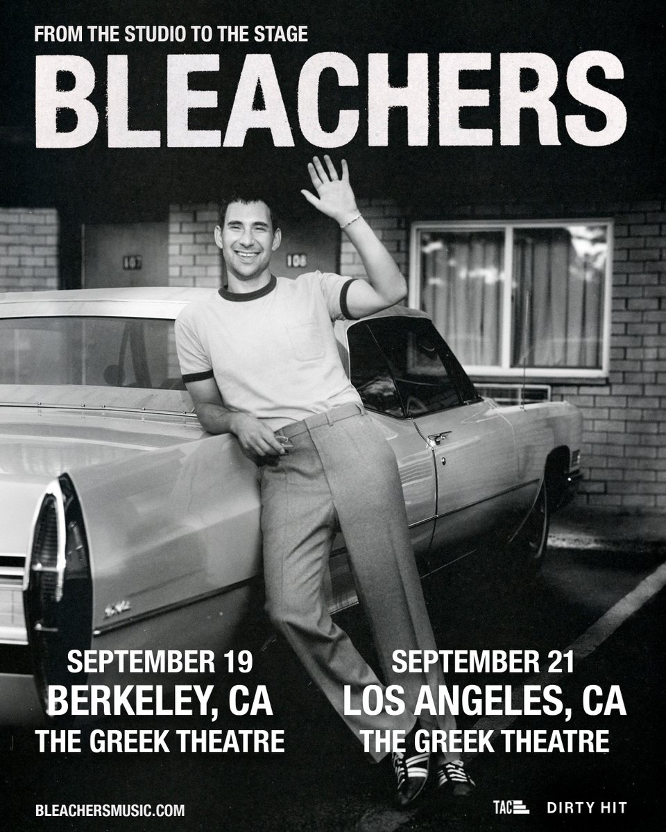 from the studio to the greek! cannot wait to play you the new record at some of the most special venues on the planet. see you in sept california. register on bleachers website to access your presale code: bleachersmusic.com/tour presale – 5.8 @ 10a PT onsale – 5.10 @ 10a PT