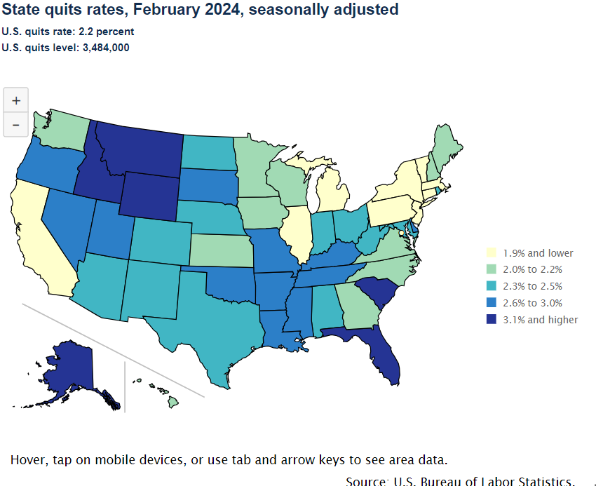 Quits rates were above 3.0 percent in 6 states in February 2024 bls.gov/opub/ted/2024/… #BLSdata