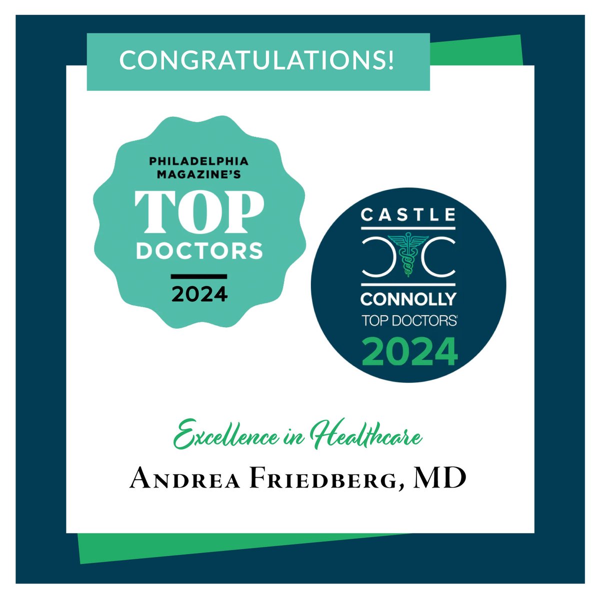 We're thrilled to announce that Dr. Andrea Friedberg has been awarded the prestigious #TopDoctor Awards from #PhiladelphiaMagazine and #CastleConnollyTopDoctors! 🎉👏

Let's congratulate Dr. Friedberg for her remarkable achievement! 🏆

#NJ #SouthJersey #GloucesterCountyNJ