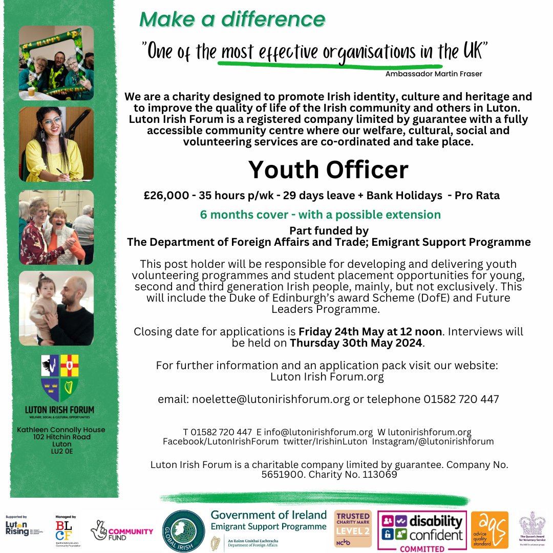 We're Hiring! Our fabulous Youth Officer is jetting off to the other side of the world! We're looking for someone who can continue our dynamic Youth Programme. If that's you - head to lutonirishforum.org/vacancy @irishinbritain @IrelandEmbGB
