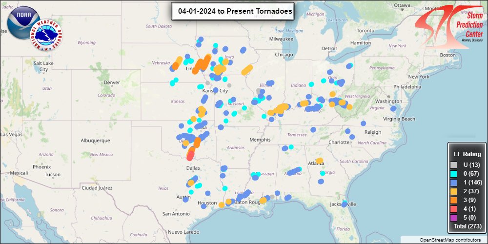 A look at the 273 (and counting) preliminary tornadoes from April 2024. We have now preliminary passed 2019 (272) for the 2nd most April tornadoes on record.