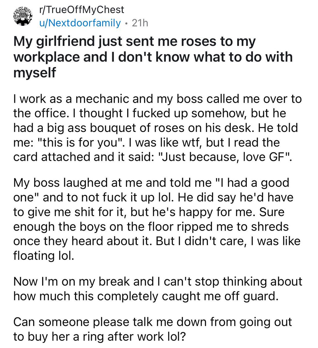 &gt;gf gets bf flowers once
&gt;should i marry her?