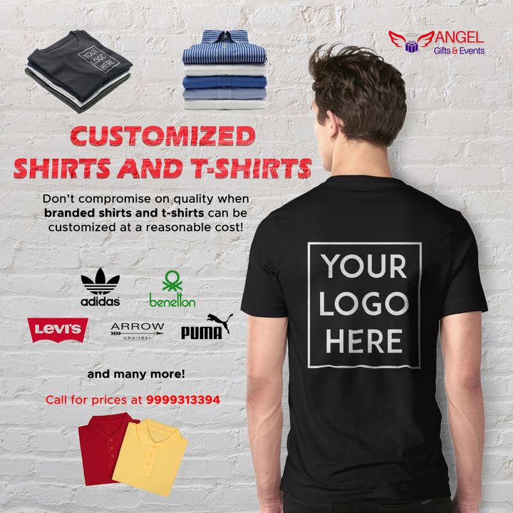 Get your 🎯Brand on the T-Shirt affordably to use the power for branding with the merchandise. Buy #Customised T-Shirts for your #employees, #clients #businesspartners. #angelgifts offers brands like #adidas #levis #jack&jones #puma #uspolo & more. Call 👉9999313394 for prices.