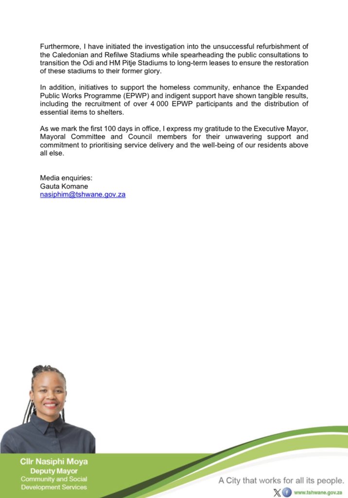 STATEMENT: Service delivery at the centre of 100 days in office for Deputy Mayor, Cllr Nasiphi Moya. @CityTshwane