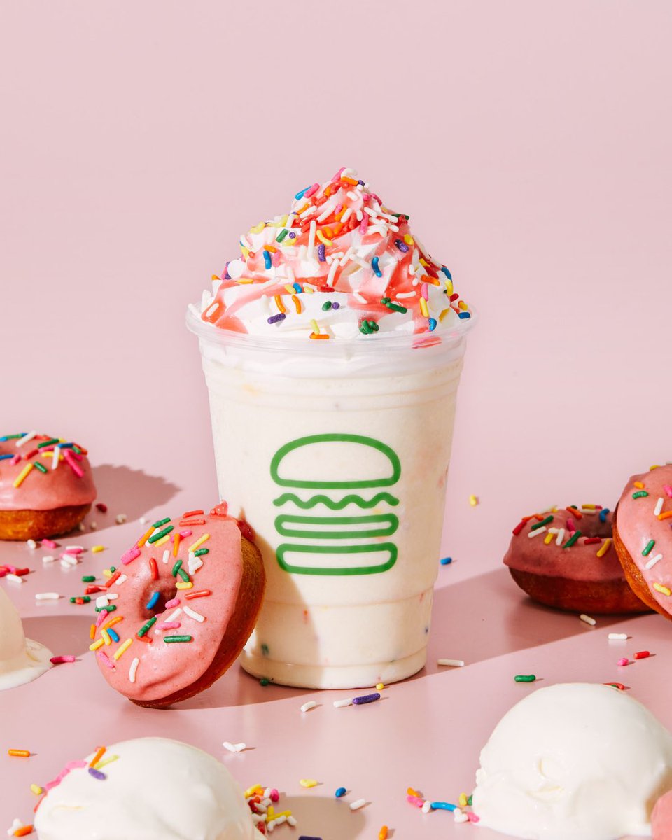 Your first taste of summer. New shakes out now!   🍑 Peaches and Cream Shake, with real peaches.   🍫 Chocolate Salted Caramel Shake, with salted caramel + chocolate brownie batter.   🍓 Strawberry Frosted Donut Shake, with donut frozen custard + real strawberry frosting.