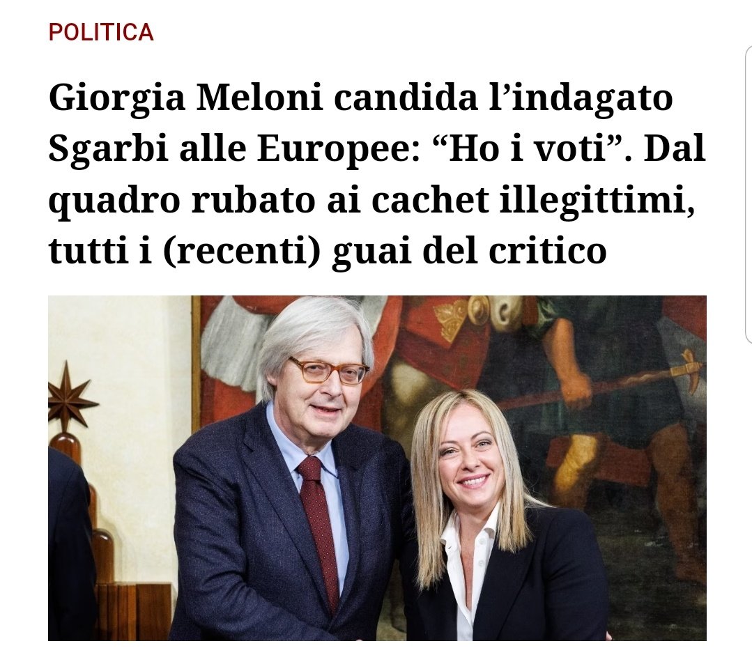 In un altro Paese, chi ruba un quadro sarebbe in galera. 

In un Paese del cazzo come l'Italia, invece, sei candidato alle Europee.

#Europee2024 #30aprile #Sgarbi