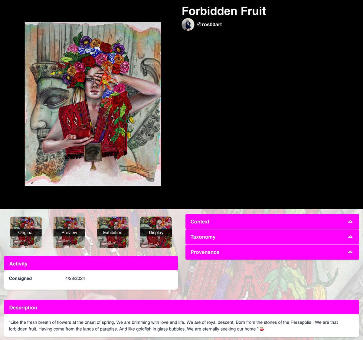 G🍒M amazing ppl 

Glad to share that my artwork  “Forbidden Fruit”  has been consigned on @vitruveochain! 💜

Thank you @FerCaggianoArt, @techbubble and the whole team! 🤍🍒