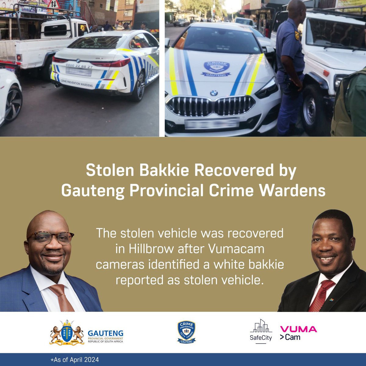 One suspect has been apprehended thanks to the collaborative efforts of Vumacam SafeCity's LPR network and @GautengProvince Crime Prevention Wardens. Vumacam cameras identified the white bakkie, matching the description of a stolen vehicle. SAPS and Crime Prevention Wardens…