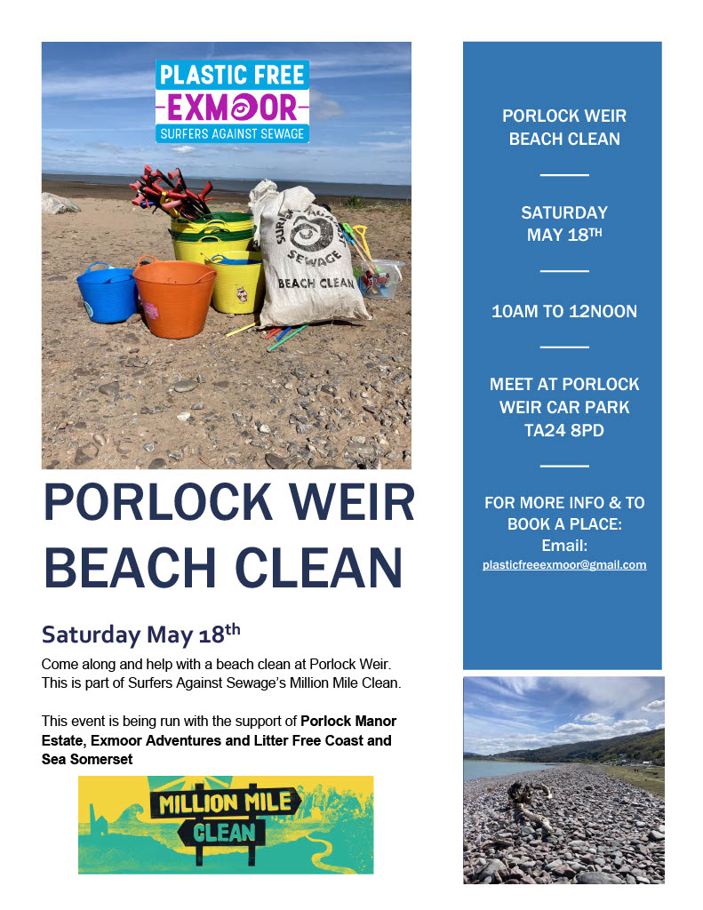 A date for your diaries - join #PlasticFreeExmoor for a beach clean at Porlock Weir on Saturday 18th May! ⏰10am to 12noon 🅿️Meet at Porlock Weir Car Park, TA24 8PD Please contact plasticfreeexmoor@gmail.com for more information or to sign up for this event.