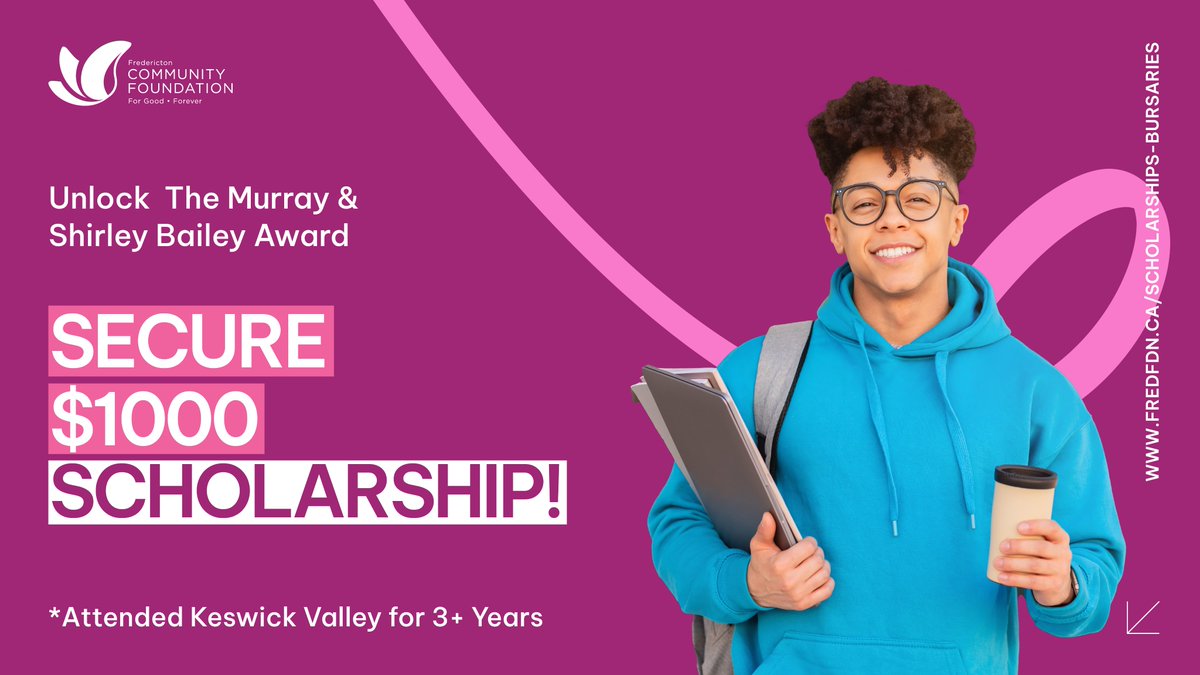 Claim Your $1000 Scholarship: The Bailey Award! Exclusively for students who attended Keswick Valley Memorial School for 3+ years and are now graduating from Fredericton High School, Leo Hayes High School, or Nackawic Senior High School! Apply now here: shorturl.at/ahFH5!