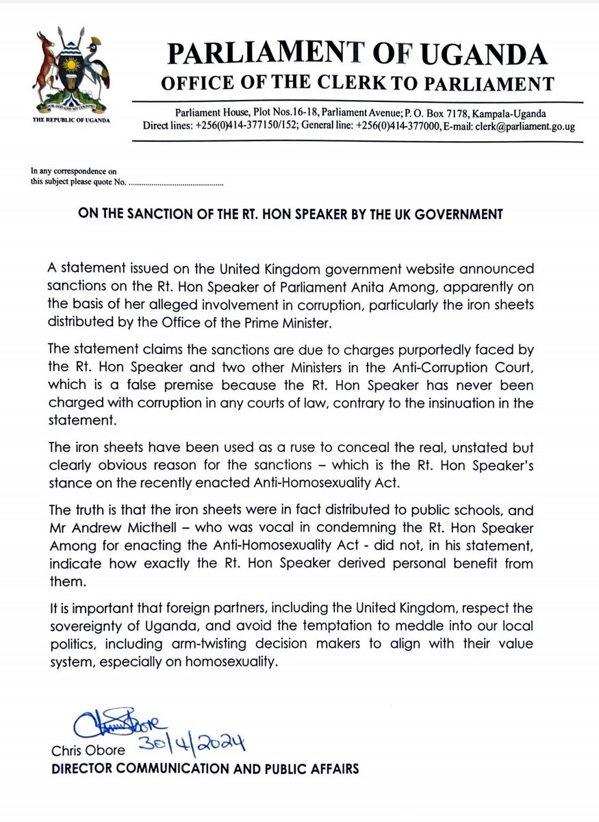 .@Parliament_Ug reacts to UK sanctions against Speaker Anita Among.

'The iron sheets have been used as a ruse to conceal the real, unstated but clear obvious reason for sanctions- which is Rt Hon Speaker's stance on the recently enacted Anti-Homosexuality Act'

#MonitorUpdates