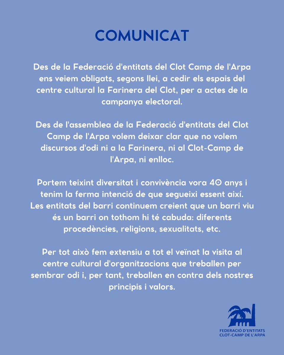 Us deixem el comunicat que vam pactar amb les entitats a l’assemblea de dijous passat si finalment la <a href="/farinera/">CC Farinera del Clot</a> la feien servir alguns partits d’extrema dreta per la campanya electoral. Gràcies