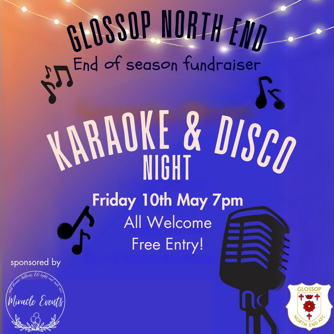 Join us in the Clubhouse on Friday 10 May for our End of Season fundraising Karaoke and Disco night - free entry, all welcome! Help us raise vital funds to keep us going over the close season and give us a head start for the 2024-25 season! Hosted by Miracle Events. #Glossop