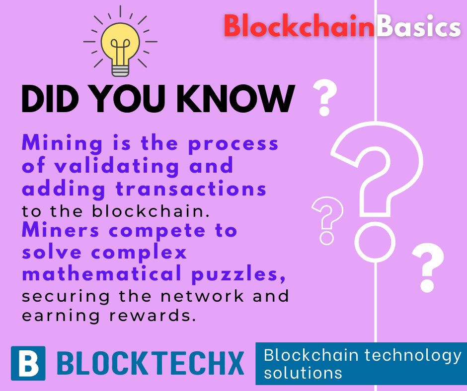 ✅ Mining is the process of validating and adding transactions to the blockchain. Miners compete to solve complex mathematical puzzles, securing the network and earning rewards.

#BlockchainMining #DecentralizedValidation #DigitalLedger #CryptocurrencyRewards #BlocktechX