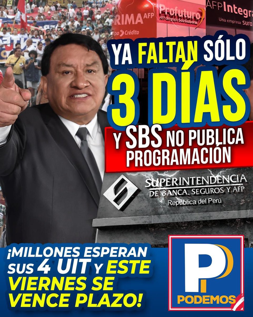 Los plazos están a punto de vencer. Por más que intentaron proteger a las AFP, los funcionarios de la SBS deberán publicar el reglamento de la ley que autorice el retiro de las 4 UIT. No hay tiempo que perder, ¡cumplan la ley! Millones de peruanos seguimos esperando.