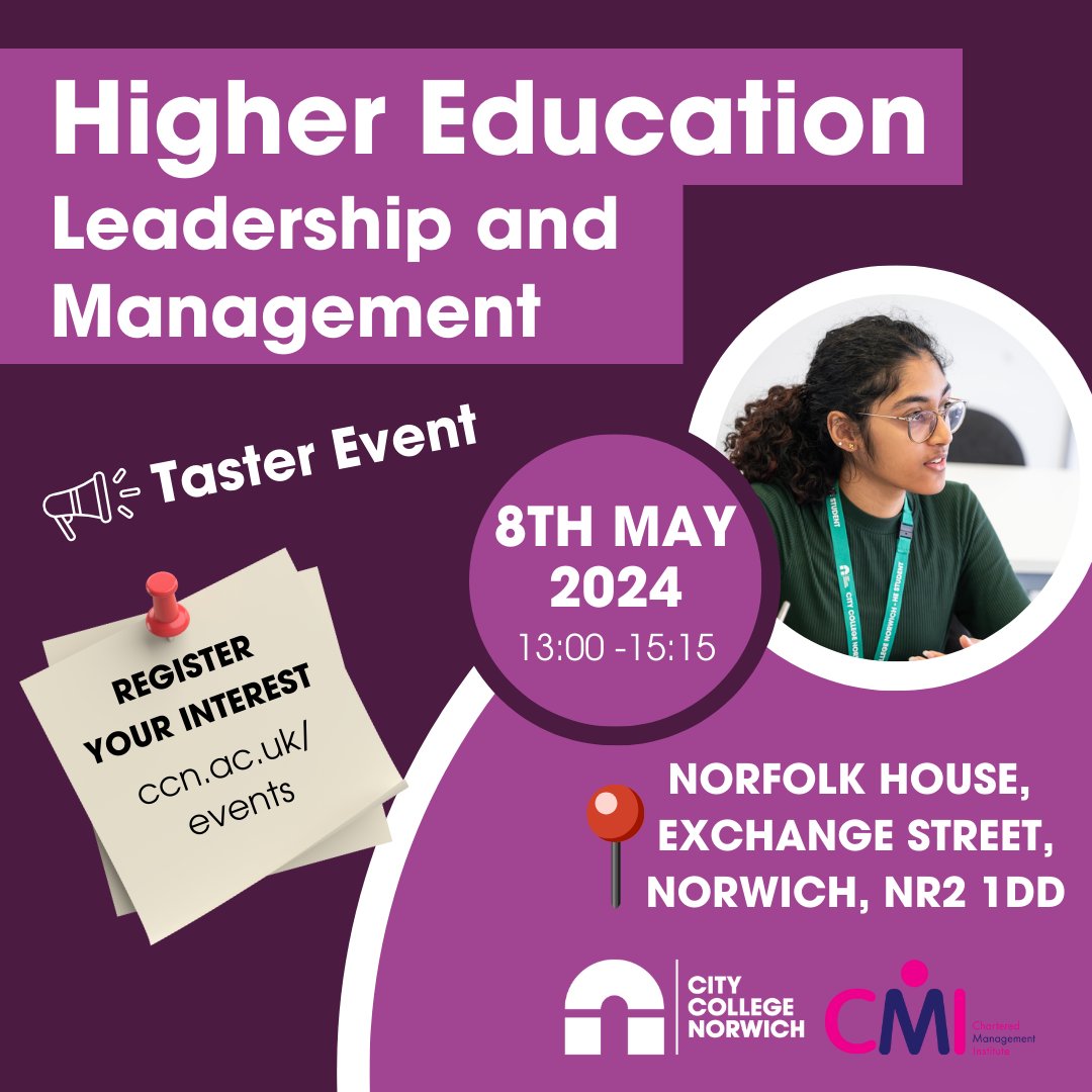 🌟 Explore HE Leadership & Management! 🚀 Join us for a taster event on May 8, 2024. Get an overview of our qualifications, meet tutors. Register here: ccn.ac.uk/news-events/ev…