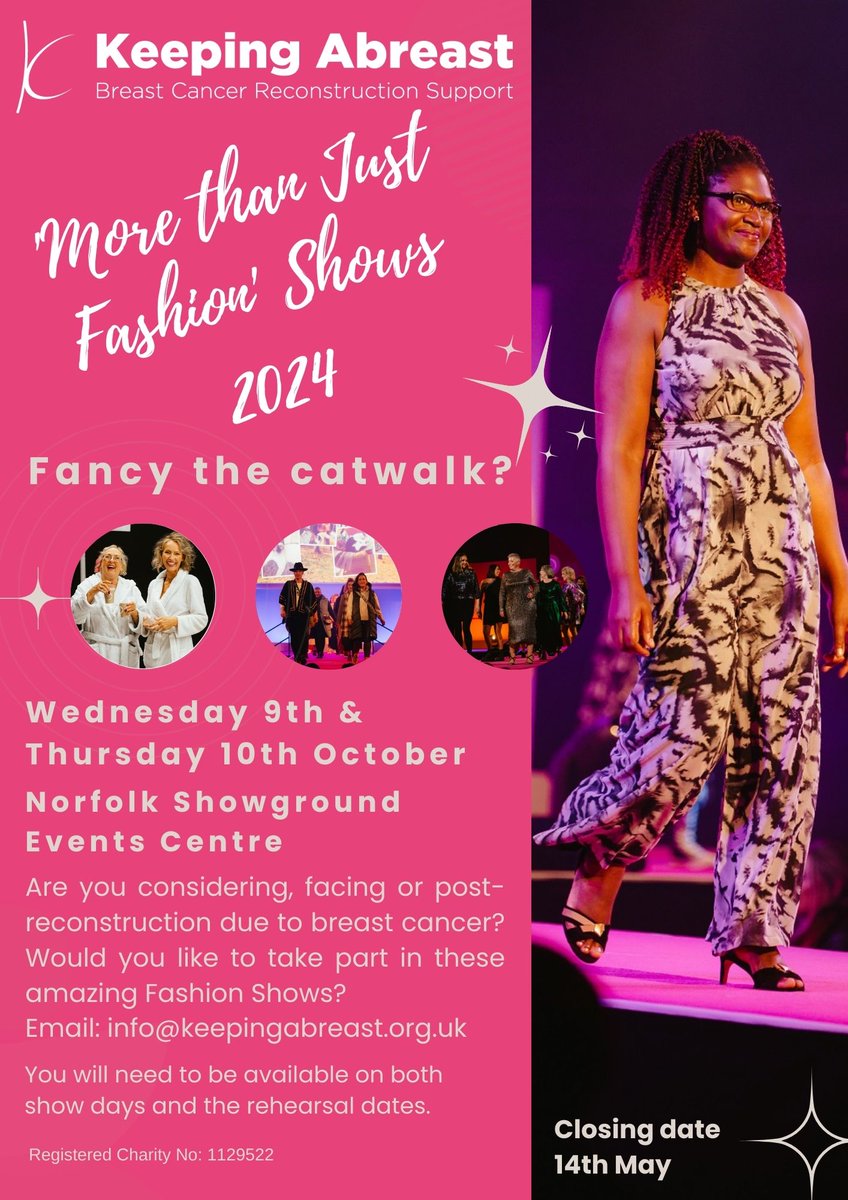 We are so excited that we will be holding our 9th 'More than Just Fashion' shows again this year. Are you considering, facing or post-reconstruction due to breast cancer? Fancy taking part? Email: info@keepingabreast.org.uk for info. Closing date for applications:14th May.