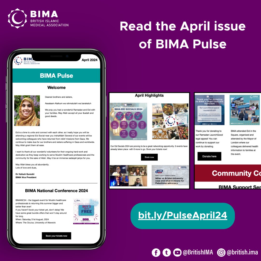 🗞️ Eid Socials near you & BIMA Conference offers - BIMA Pulse is out! This month we’re inviting you to celebrate Eid with your BIMA family and attend #BIMANC24 in August. 🔗Read online & share: eu1.hubs.ly/H08TnTT0 Support BIMA by joining: eu1.hubs.ly/H08TnTV0