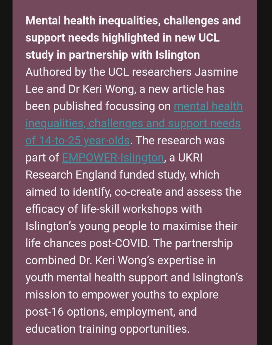 Congrats to the @empowerISL x @IslingtonBC team who're spotlighted in this month's @UCL_London newsletter! 

Check out their @BMJ_Open pub by @jasmineleepsych & @DrKeriWong 👉bmjopen.bmj.com/content/14/4/e… 

#youngpeoplematter #mentalhealth #support @IslingtonYC @IOE_London @UCL_IOE_PHD
