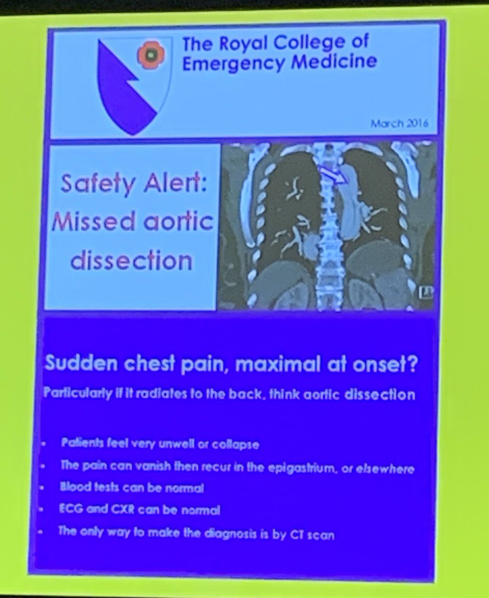 1/6 of Aortic Dissections are missed on first ED visit. Think in 1) Abrupt onset severe pain 2) Chest pain plus one other system 3) intermittent and migratory pain #AAEM24 <a href="/aaeminfo/">AAEM</a>