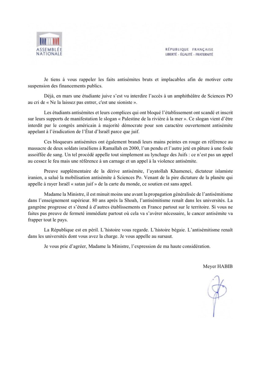 .@sretailleau, stop à l’antisémitisme à Sciences Po et à l’université française ! Ma lettre à la ministre de l’enseignement supérieur pour stopper le financement de l’Etat à Sciences Po qui s’élève à 75 millions d’euros ! @vpecresse a pris ses responsabilités, à l’Etat de le…