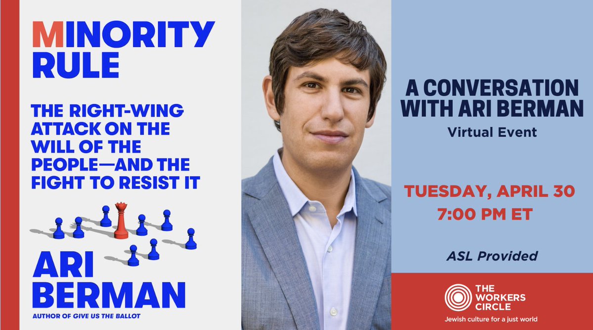 Join @workerscircle and partners tonight at 7 pm et / 4 pm pt for a conversation with @AriBerman on the state of our democracy, and how we can act together to protect and strengthen it! RSVP here: bit.ly/3Qrc0um