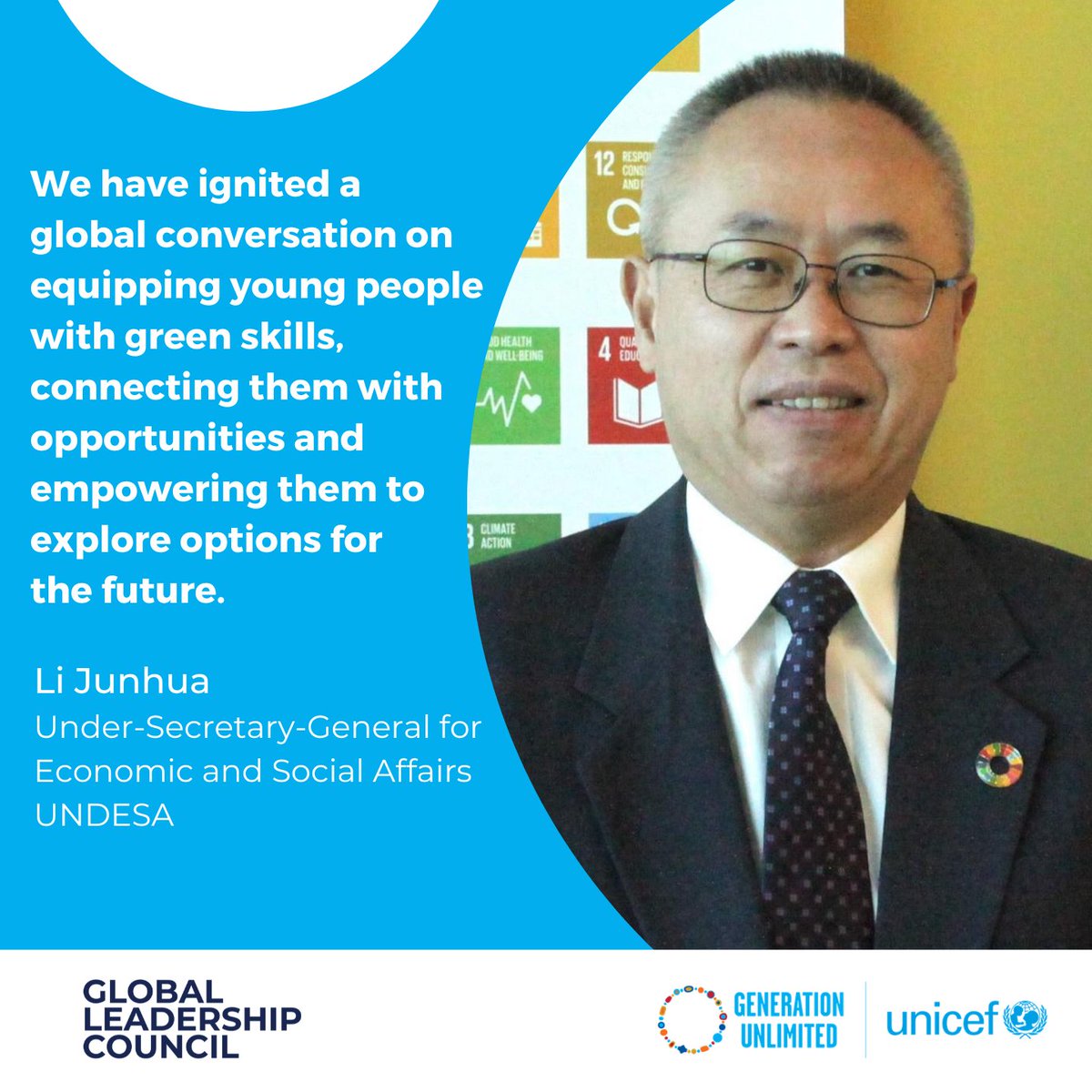Excited to welcome @UNDESA Under-Secretary-General Li Junhua to the @GenUnlimited_ Global Leadership Council. The partnership between the two organizations is a powerful force in advancing key connections between youth and the #SDGs. generationunlimited.org/global-leaders… #SkillsRightNow