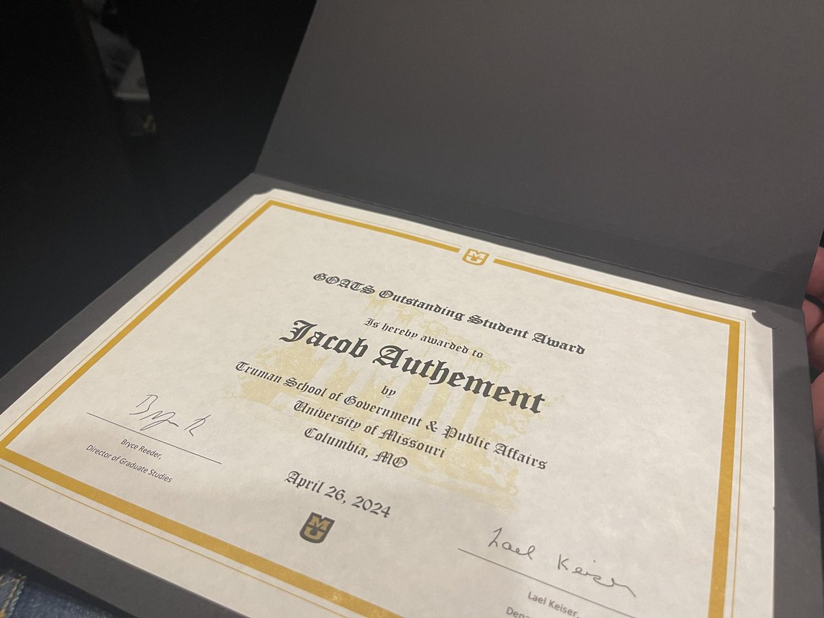 Jacob Authement (@jacob_authement) on Twitter photo I am proud to have been voted the Outstanding Graduate Student during my last semester at <a href="/MizzouTSGPA/">Mizzou Truman School of Gov't & Public Affairs</a>!
Most of graduate school is a community effort, and I’m really thankful to the close friends I’ve made here for making it all possible. I am proud to have been voted the Outstanding Graduate Student during my last semester at <a href="/MizzouTSGPA/">Mizzou Truman School of Gov't & Public Affairs</a>!
Most of graduate school is a community effort, and I’m really thankful to the close friends I’ve made here for making it all possible.