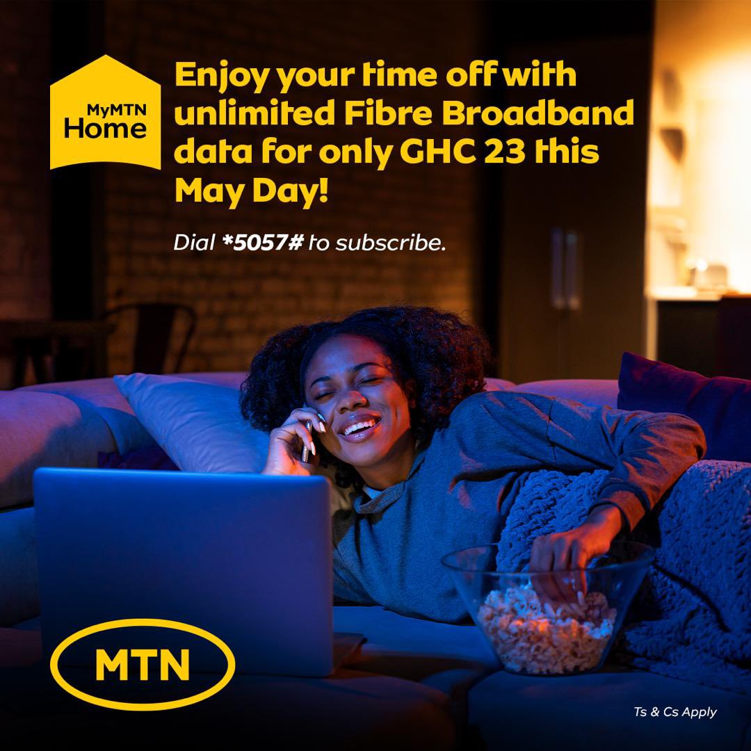 Enjoy unlimited Internet on #MTNFibreBroadband this workers day for only GHC 23 valid for 1 day . Dial *5057# to subscribe! This offer applies to Home Broadband users only! T&C’s apply #MTNHome #unlimitedbroadband