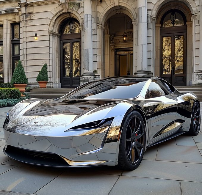 THE NEW TESLA ROADSTER IS SILVERY.