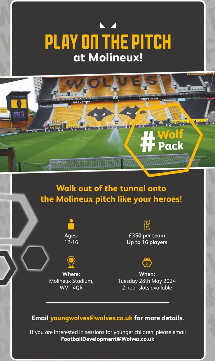 How would you like to play on the famous Molineux pitch? 🐺 Spaces are now available for our 2024 Play On The Pitch 🚨 For more information email YoungWolves@wolves.co.uk