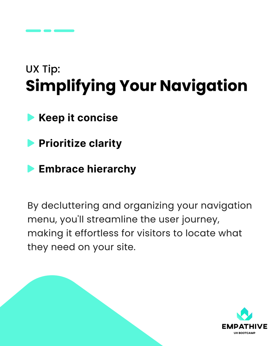 empathiveux's tweet photo. When trying to improve your website's navigation experience, simplifying is the solution. What navigation simplification practices work for you? #UXDesign #NavigationTips #UserExperience #ux https://t.co/pO4vbpp4gU