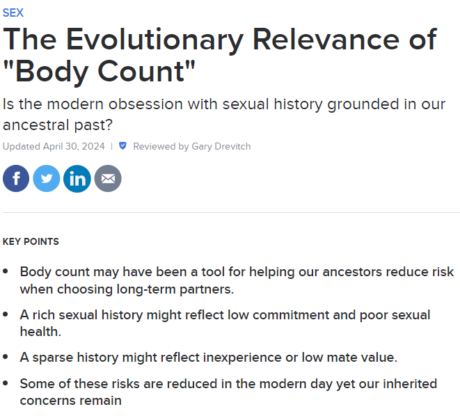 Is the modern obsession with "body count" a shallow cultural artefact that will fizzle out? 

Or does it serve some kind of function—a way of helping us reduce risk when making important relationship choices?

An evolutionary perspective on the importance of sexual history in my