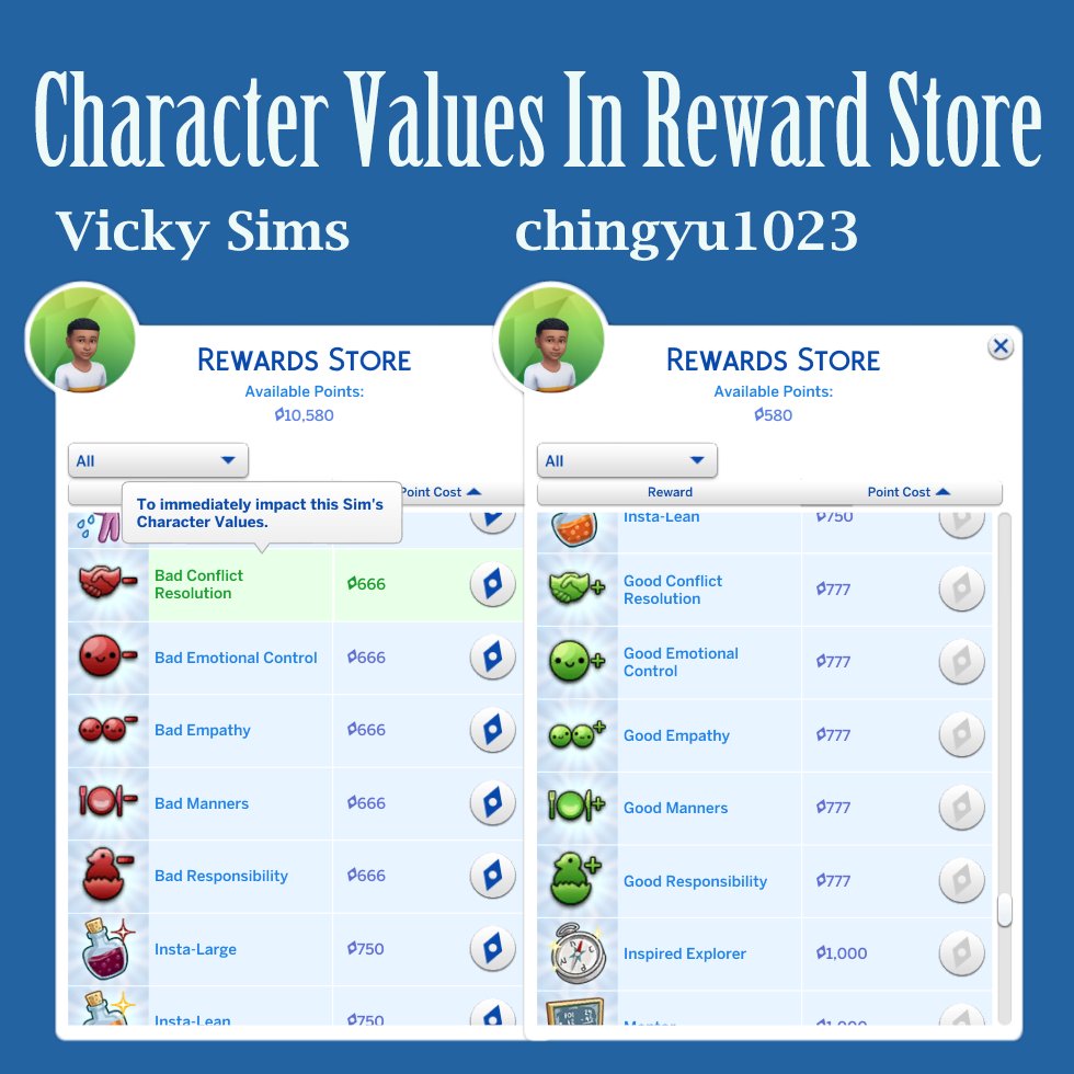 Character Values In Reward Store
👇Info:
chingyu1023vick.tumblr.com/post/749196748…

#Sims4 #sims #Sims4cc #sims4mod #s4cc #TS4 #TheSims4 #s4mods #ts4mods #ts4cc #TheSims #ModSims4 #sims4ccfinds #thesims4cc #sim #customcontent #maxismatch #TheSims4CrystalCreations #simscommunity #mod #cc #Sims4mods