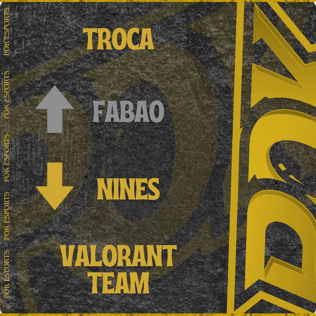 🚨Valorant team🚨

Por motivos pessoais deixamos de contar com o nosso jogador fabao que se encontra no banco.
Para as próximas competições, contamos com o nosso guerreiro Nines para 5 player.
#POKWAR