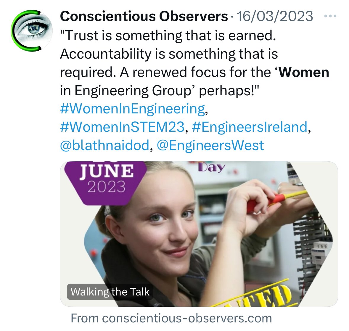 Why in 2024 are #WomenInEngineering having to put up with ill-fitting PPE?

@WES1919 survey: “Women's PPE is seen as a women's issue and not a health and safety concern for
employers and policy makers”

📍Wonder if ‘Women in Engineering Group’ @EngineerIreland is still active?