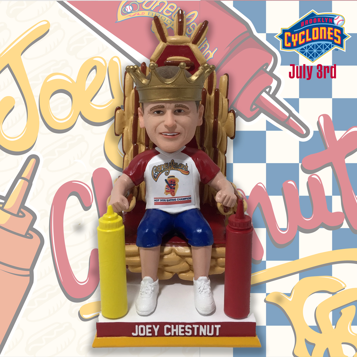 He's got that hot DAWG in him 🌭 Introducing the Joey Chestnut Glizzy King 👑Bobblehead coming to Coney Island on July 3rd. And yes, that is, in fact, a hot dog throne. 🎟️ - bit.ly/4biGPtq #MiLB #AmazinStartsHere #LGM