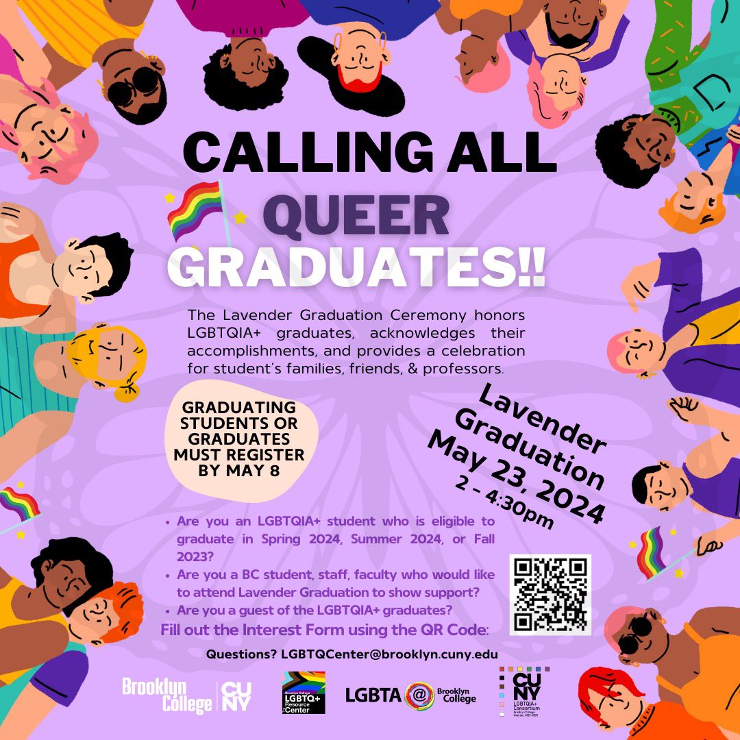 Graduating? Celebrate yourself w/pride in all aspects of your identities at the LGBTQ+ Resource Center’s Lavender Graduation! 📅5/23 from 2-4:30pm in Bedford Room, 2nd FL LGBTQ+ candidates for graduation complete form by 5/8, 11:00pm, to be celebrated: forms.office.com/r/21KiLWa7uv