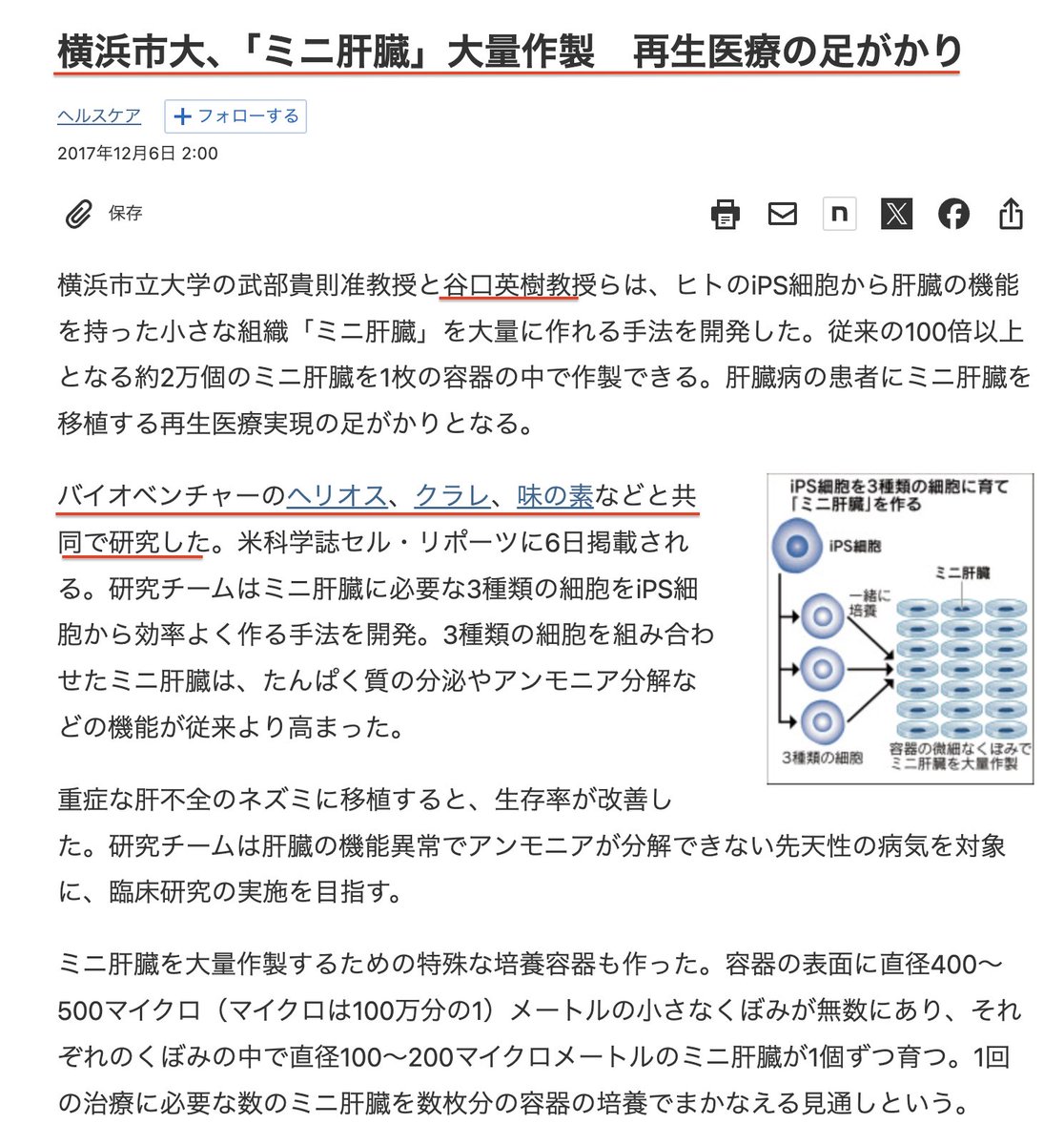 JAXAの野口聡一とともにiPS細胞で臓器をつくる実験を行った「谷口英樹」

世界で初めてiPS細胞でヒトの肝臓を作ることに成功した「谷口英樹」
x.com/nikkeiplus9/st…

iPS細胞を培養させる溶液をつくる会社だった「味の素」

iPS細胞で肝臓を大量に作製する技術を開発した「谷口英樹」と「味の素」