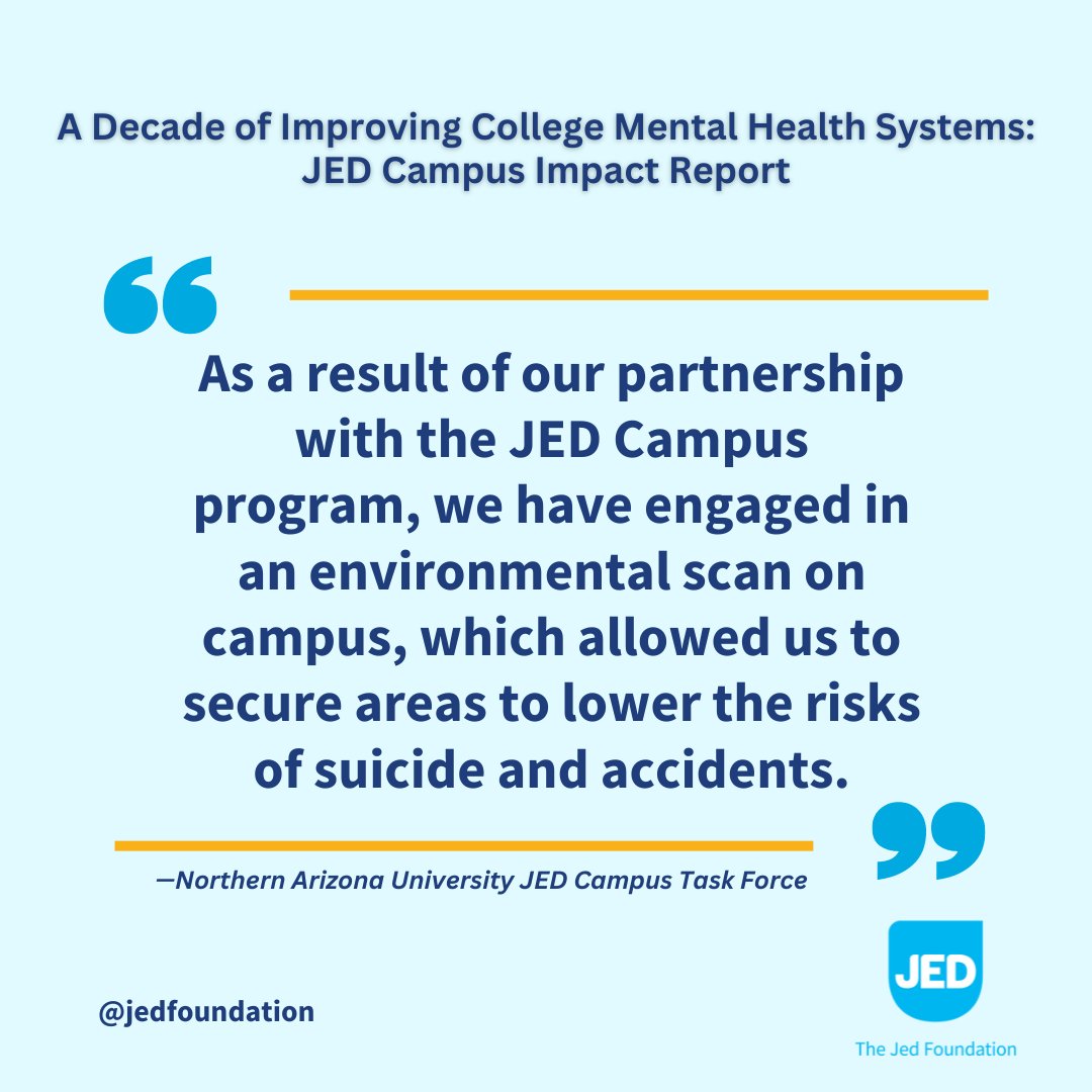 Find out how JED's support has impacted millions of students across the country. Read the new report here: jedfoundation.org/CIR2024 

#LumberJackSpotlight #JEDImpact #SeeTheImpact #MentalHealth #MentalHealthMatters @NAU