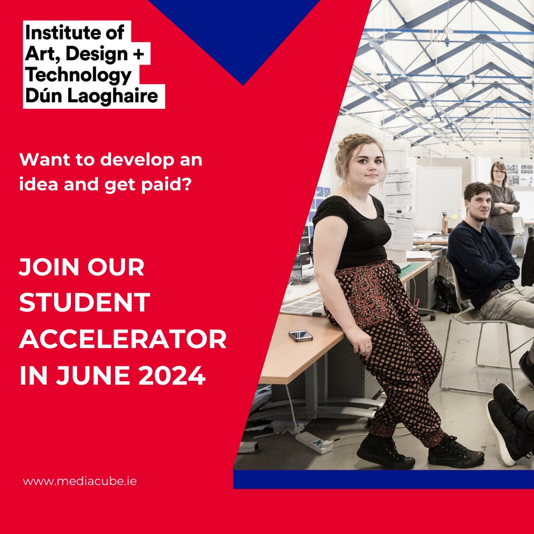 Applications are open for the IADT Student Accelerator 2024 @MediaCubeIADT. No matter what your degree is - art, filmmaking, design or business - pitch a start-up idea and run it from beginning to end. Deadline for applications 10th May. Find out more: mediacube.ie/services/stude…