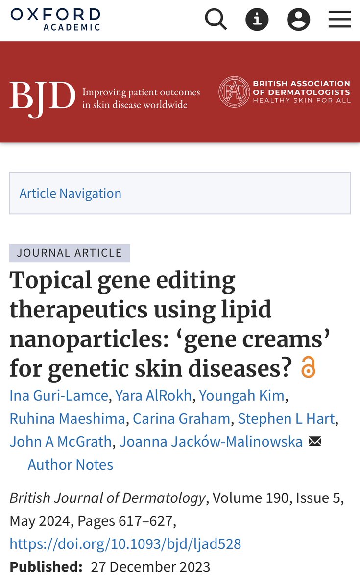 Topical gene editing therapeutics using lipid nanoparticles: ‘gene creams’ for genetic skin diseases?

Here, the authors review how liquid nanoparticle delivery vehicles synergized with gene editing technologies may influence treatment of genodermatoses.

doi.org/10.1093/bjd/lj…